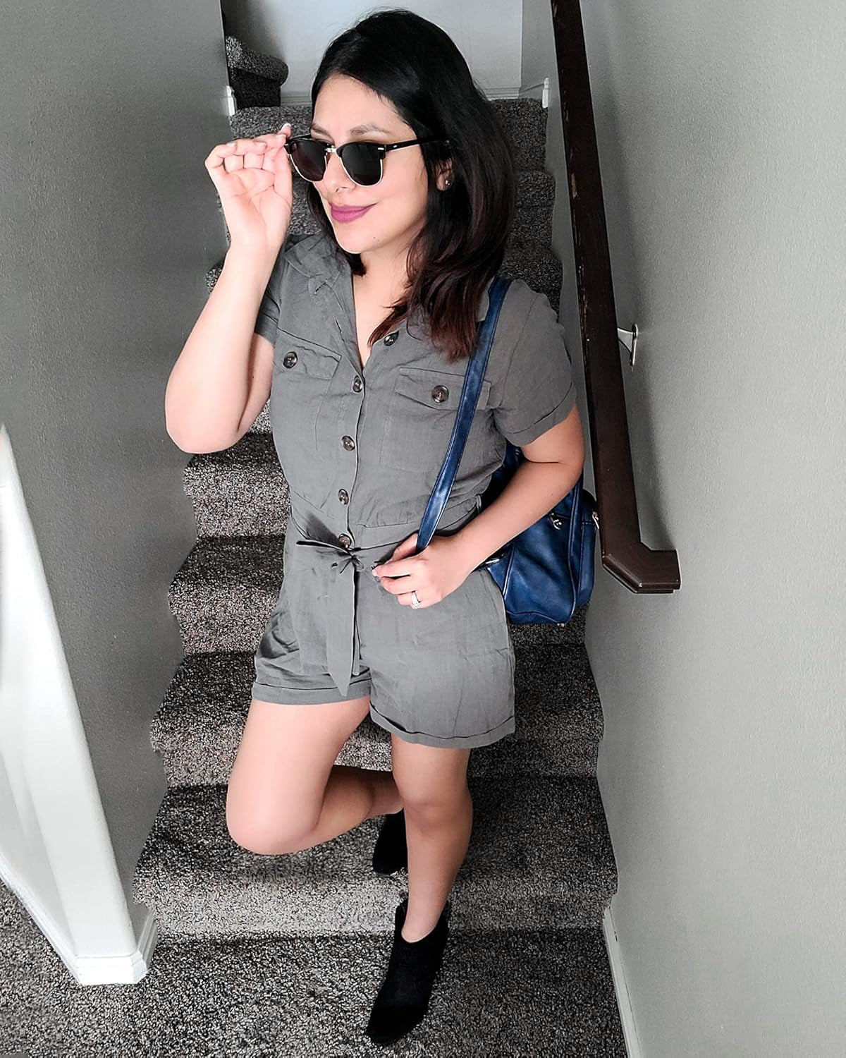 Women'S Summer Short Sleeve Button down Pockets Belted Jumpsuits Rompers