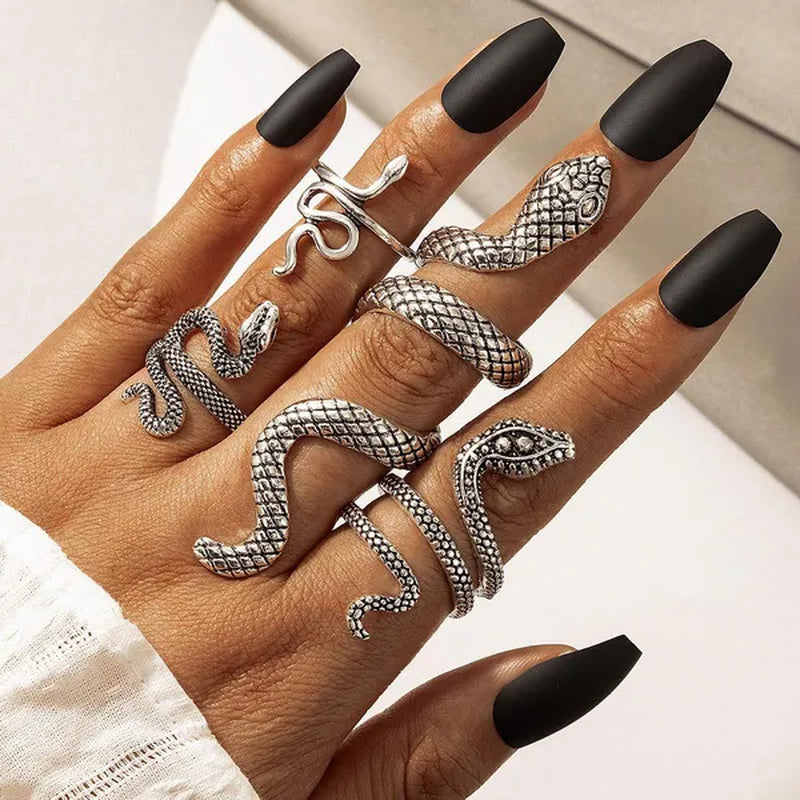 4 Pcs/Set Boho Antique Silver Color Punk Snake Rings Sets for Women Girls Full Finger Party Jewelry Anel