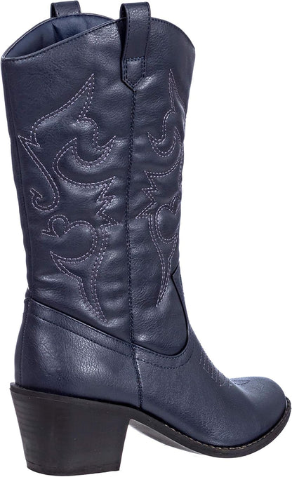 Cowboy Boots for Women Mid-Calf Boot Embroidered Stiching Western Cowgirl Boots Low Stacked Heel